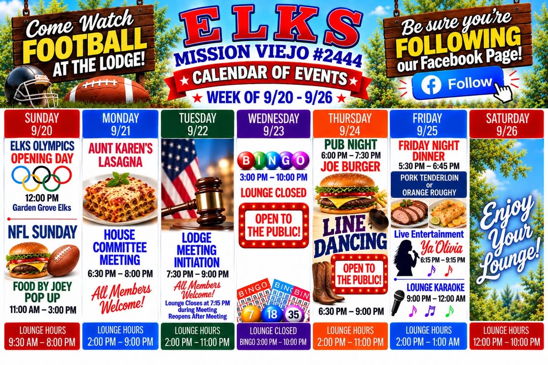 Here’s your weekly line up for 9/20-9/26. See you at the lodge! 

#elkslodge #...