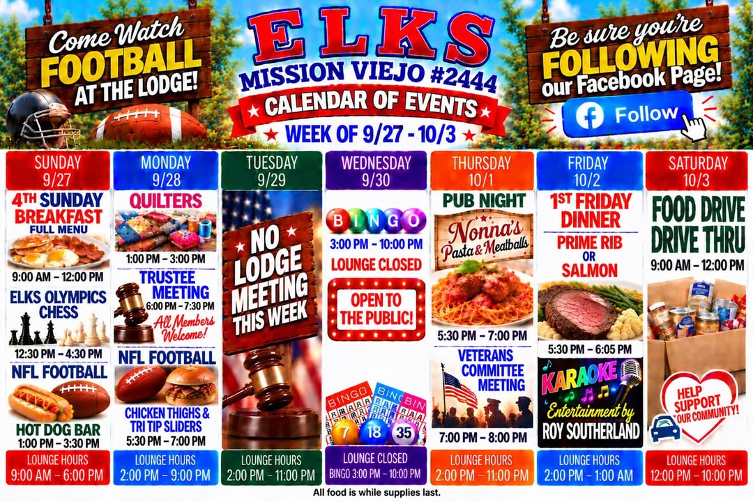 Here’s events for this coming week 9/27-10/3. 
🏈 🎉 🏈Note our FOOD on NFL Footbal...