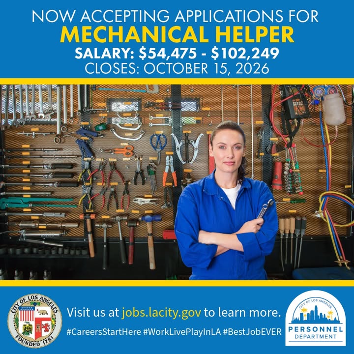 The City of Los Angeles is now accepting applications for Mechanical Helper!...
