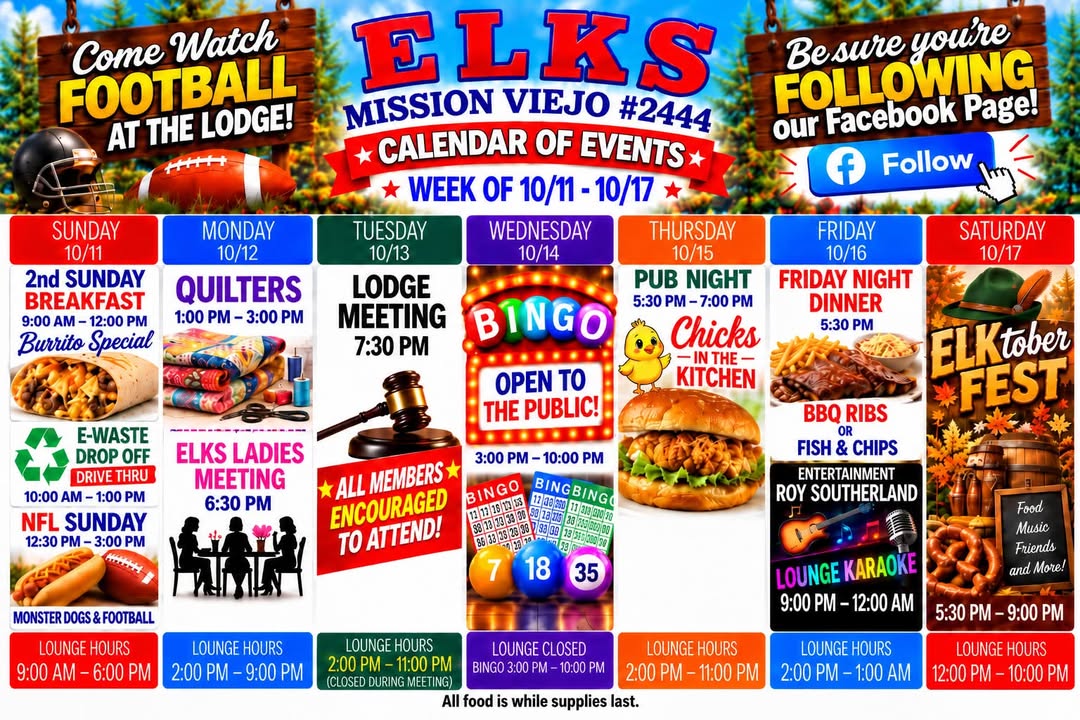 Here’s your weekly line up for 10/11-10/17. See you at the lodge!

#elkslodge #...