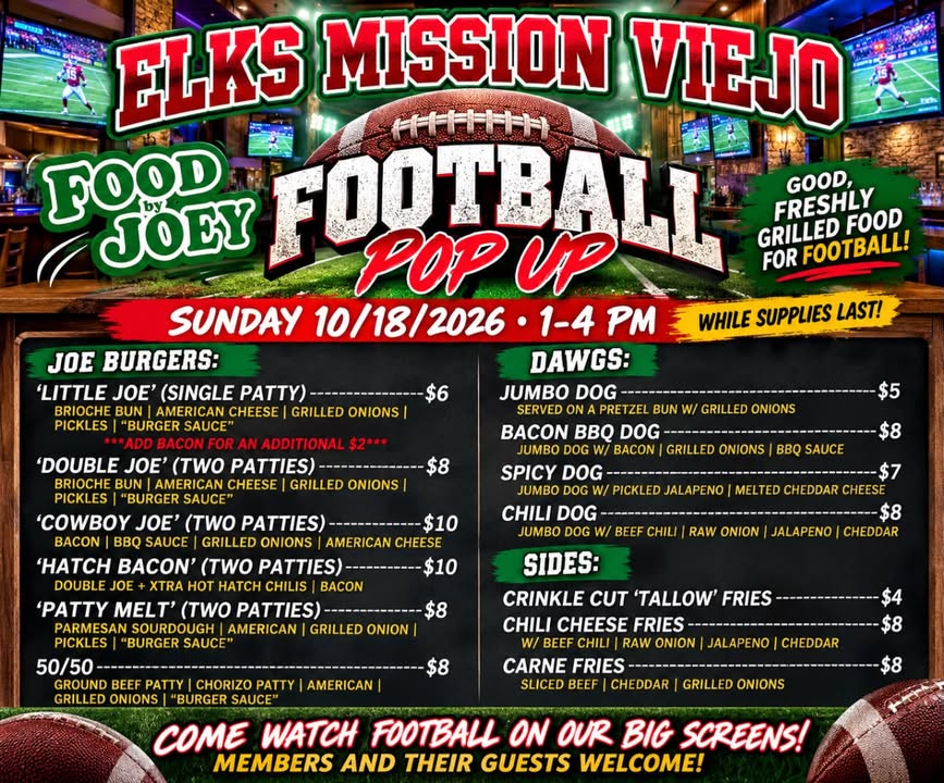 🏈 NFL SUNDAY 10/18 at Elks Mission Viejo #2444! 🏈

🏈 FOOTBALL • FRIENDS • FUN •...