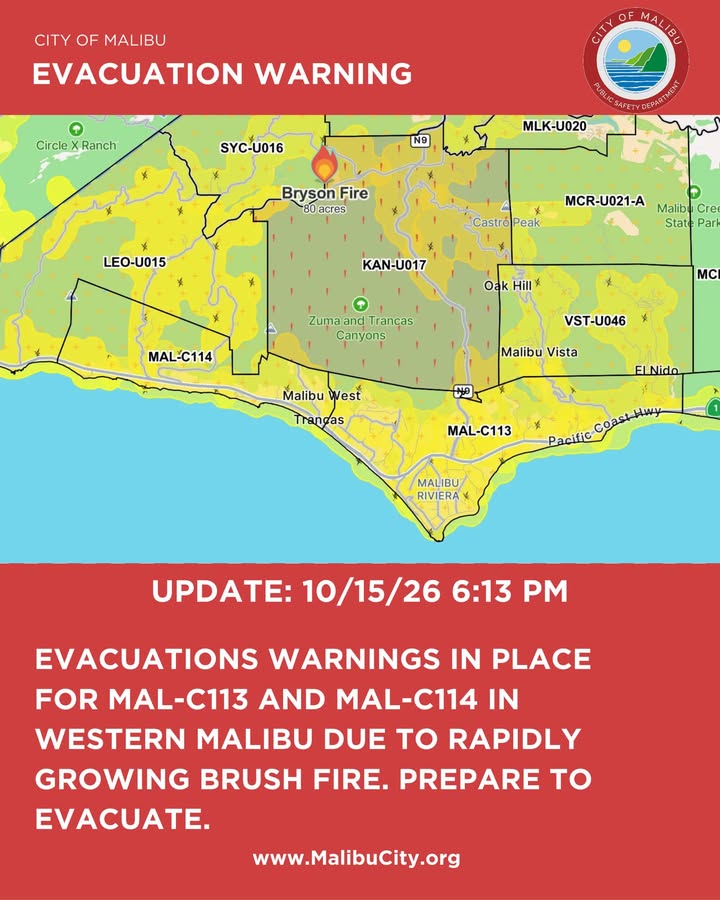 UPDATE 10/15/26 at 6:13PM: Evacuations Warnings in place for MAL-C113 and...