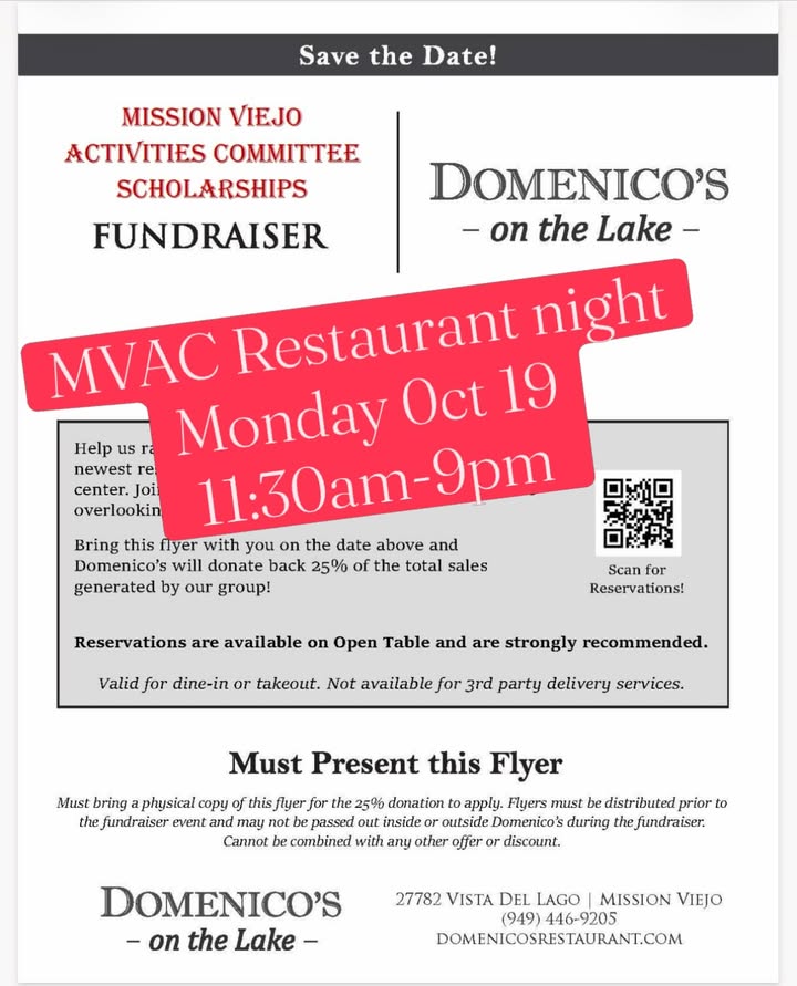 Join us at Domenico’s by Lake Mission Viejo for our restaurant fundraiser night...
