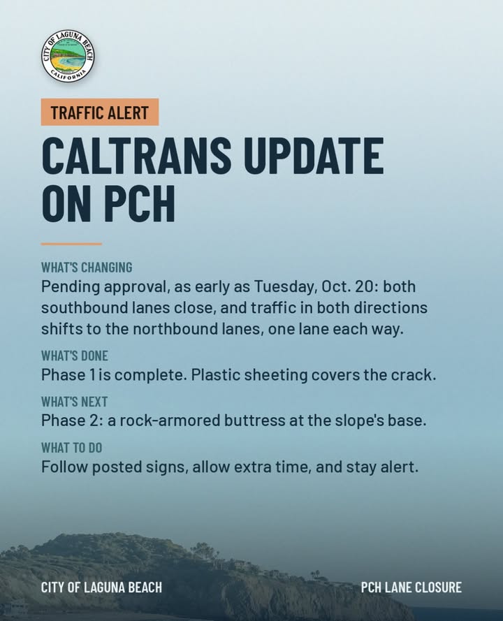 TODAY, Tuesday 10/20: Caltrans Update on PCH

Caltrans will close both...