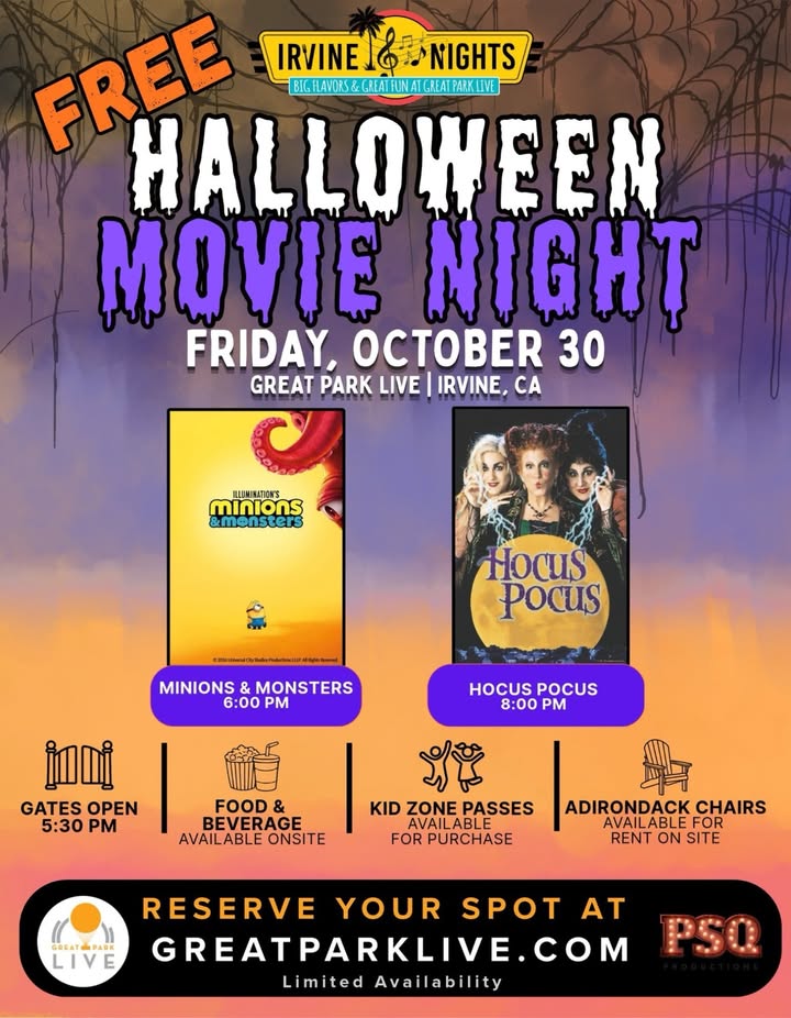🎃 Irvine Nights Presents - Free Halloween Movie Night at Great Park Live!

Join...